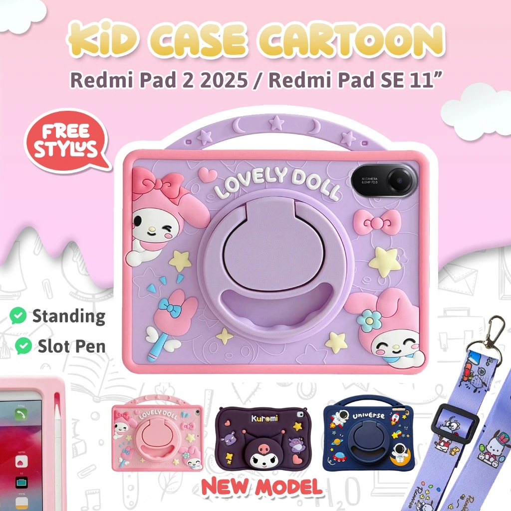 Case Anak Xiaomi Redmi Pad 2 11" 2025 / Pad SE 11 Inch 2023 WiFi 4G LTE Labubu  Casing Tablet Softcase Xiaomi Pad SE Silicon Tab Kids Standing 360 Shockproof Karakter   Lucu Cute Cover Tablet Anti Benturan Slot Pen Tali Lanyard Motif