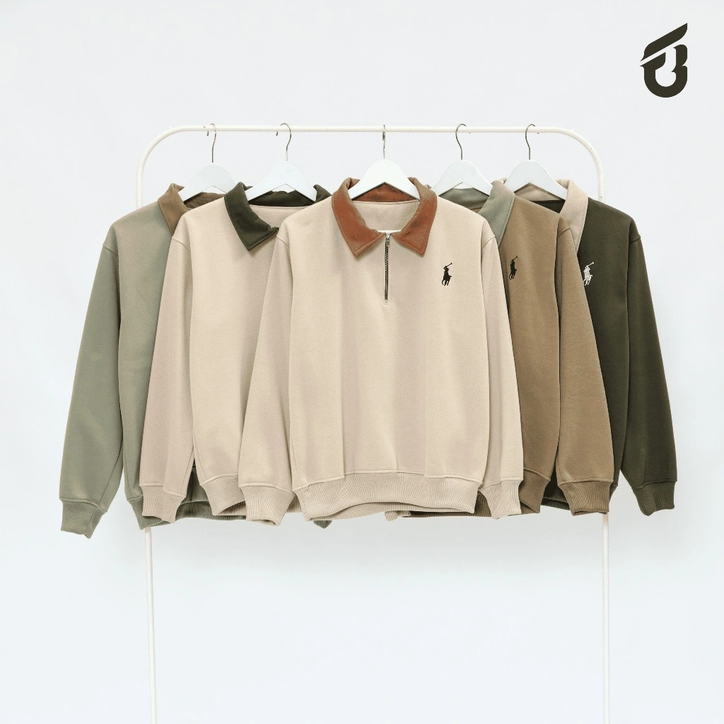 Sweater Crewneck Half Zipper Rugby Kerah kombinasi Logo Bordir Premium Fleece High Quality Couple Pria wanita Casual Lengan panjang