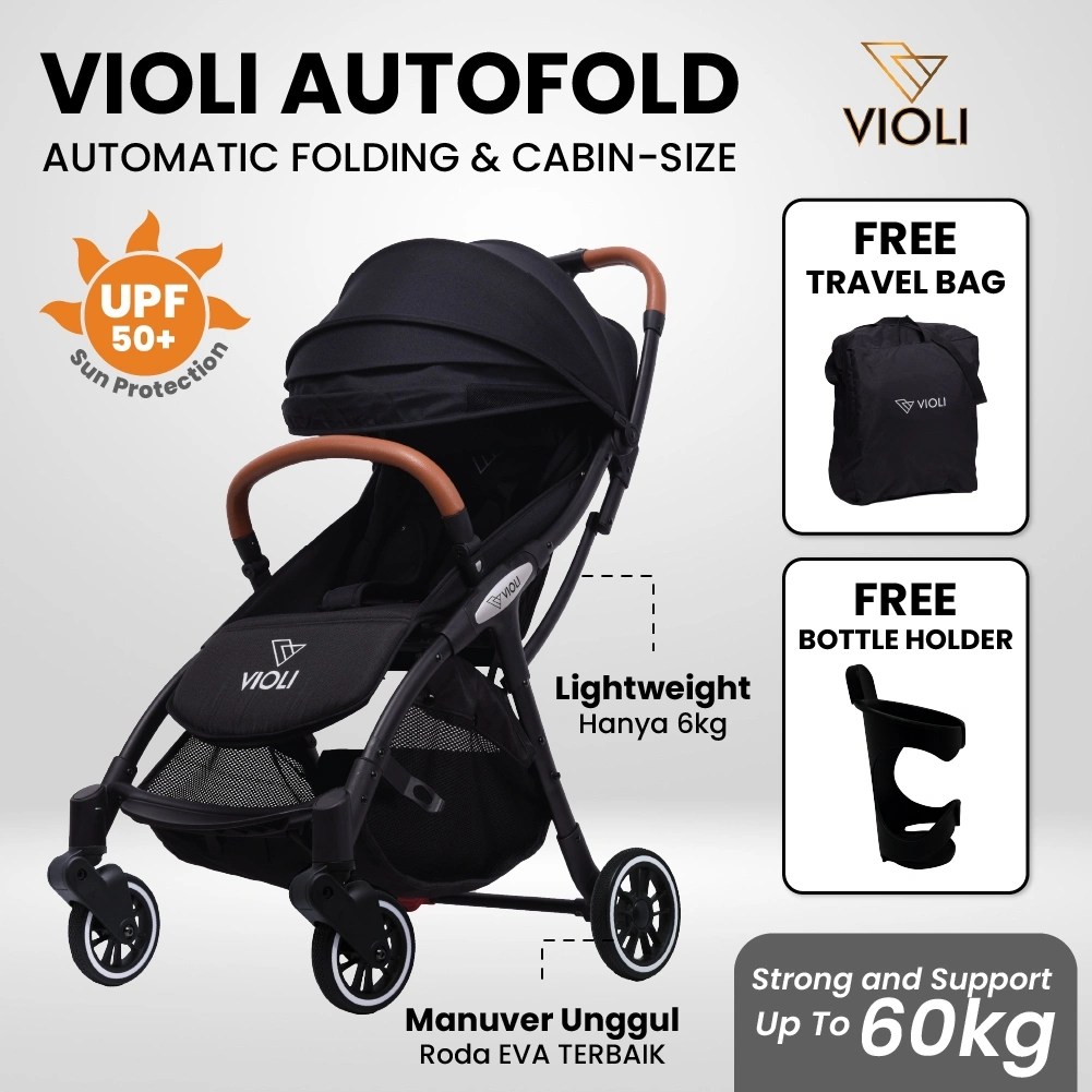 [FREE TRAVEL BAG] Violi Autofold + Asuransi - Stroller Cabin Bayi Anak Kereta Dorong Ringan Automatic Fold Up To 60kg