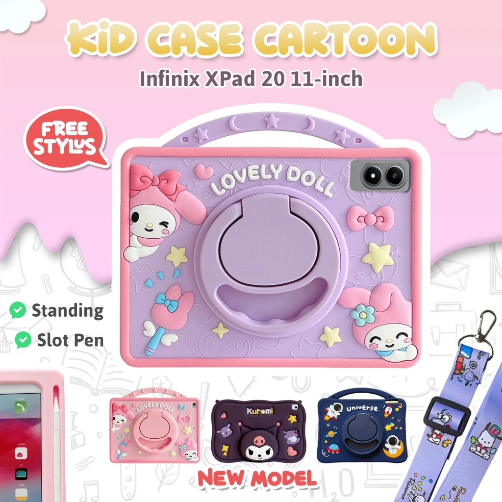 Case Anak Infinix XPad 30E XPad 20 11" 2025 Universal X Pad 11 Inch WiFi 4G LTE Labubu  Casing Tablet Softcase Xiaomi Pad SE Silicon Tab Kids Standing 360 Shockproof Karakter   Lucu Cute Cover Tablet Anti Benturan Slot Pen Tali Lanyard Motif