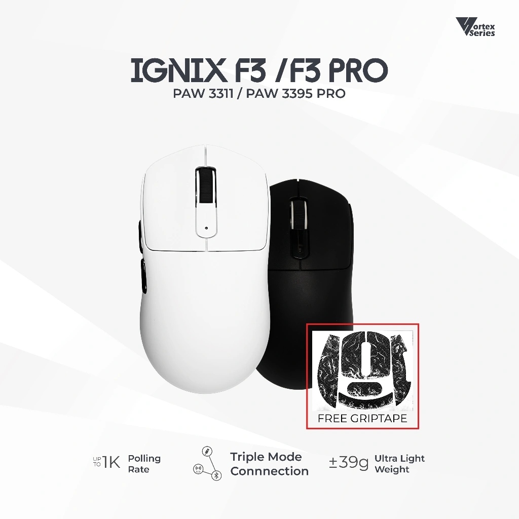 VortexSeries IGNIX Series F3 Mouse | Ultra Light Wireless Tri Mode Gaming Mouse PixArt PAW 3311 / 3395 PRO