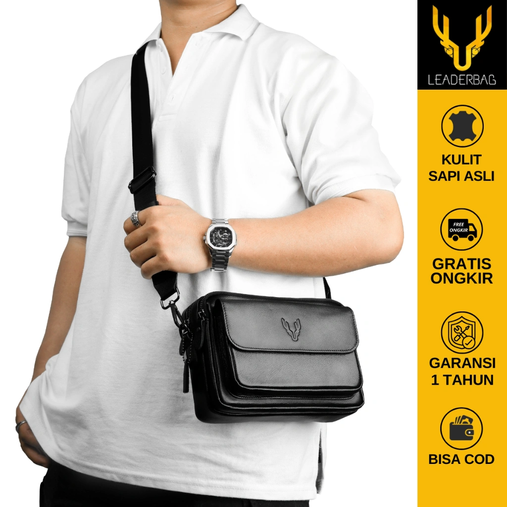 Leaderbag Tas Selempang Pria Kulit Sapi Asli Hitam Waterproof Handbag Premium Branded Multifungsi
