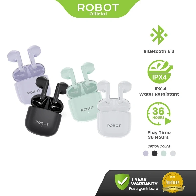 Earphone ROBOT T60 TWS Bluetooth 5.3 Mini Wireless 36 Hours Playtime IPX4 Tahan Air – Original Resmi 1 Tahun