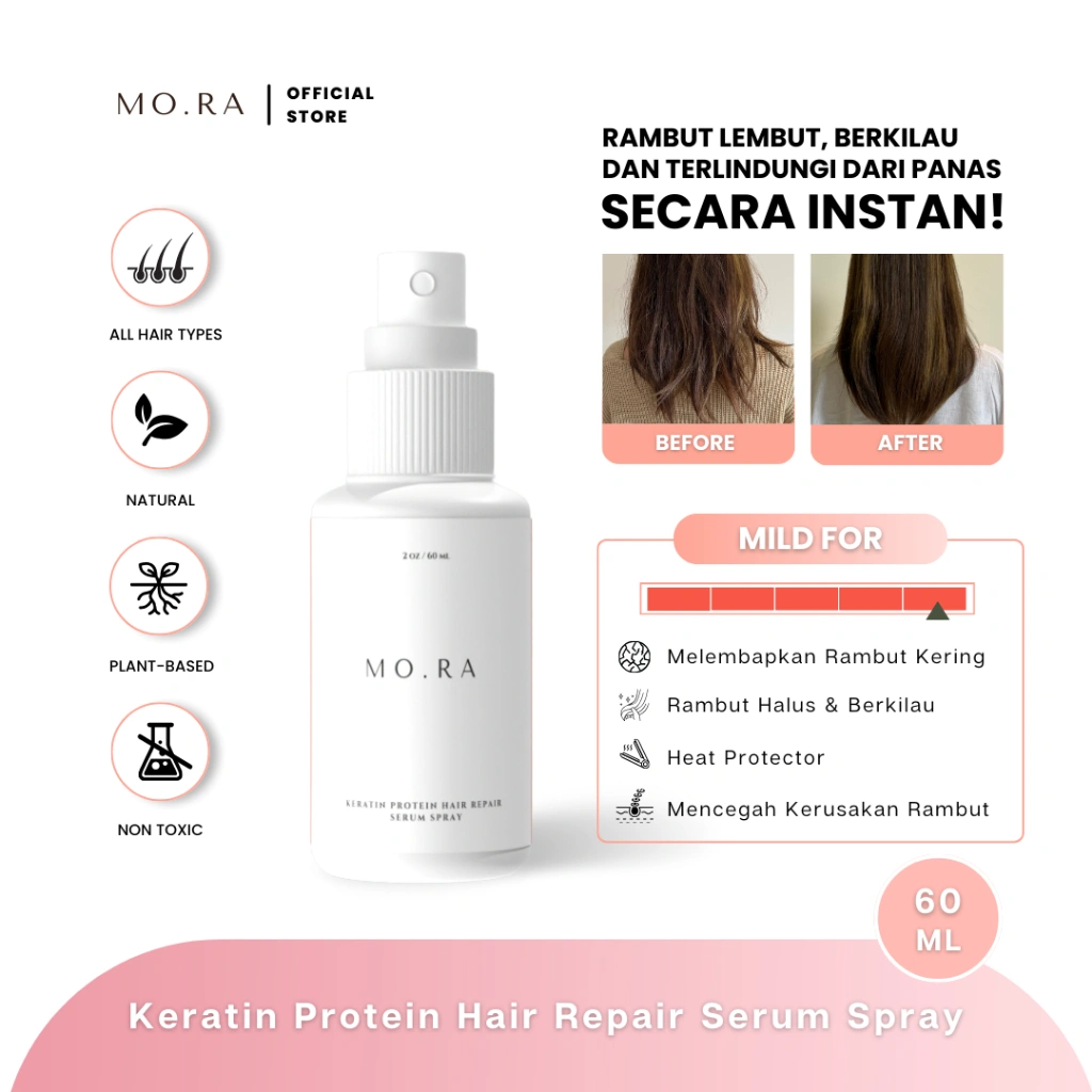 (MO.RA / MORA) KERATIN PROTEIN HAIR REPAIR SERUM SPRAY 60ML / LEAVE IN CONDITIONER SPRAY / HAIR MIST /SERUM RAMBUT / HEAT PROTECTAN / KERING / KUSUT & KUSAM / SULIT DIATUR / RUSAK / MO RA ESSENTIALS / MO.RA / MO.RA HAIR OIL / MORA OFFICIAL STORE