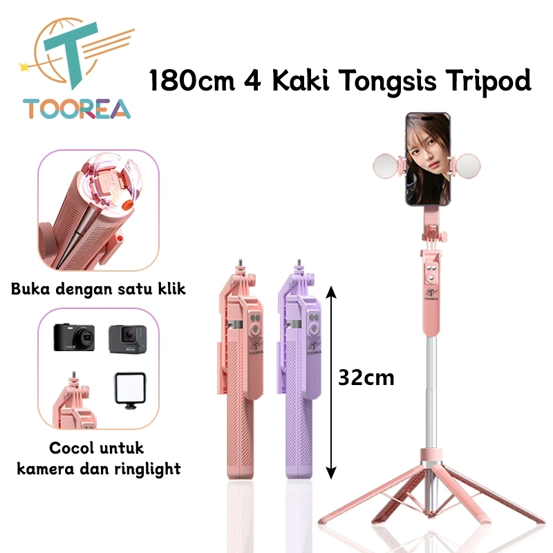 TOOREA Tongsis Tripod Selfie Stick 4-leg Bluetooth Remote Tripod HP Kamera DSLR Tongsis 1800MM dengan 7 tombol Adaptor Lampu LED