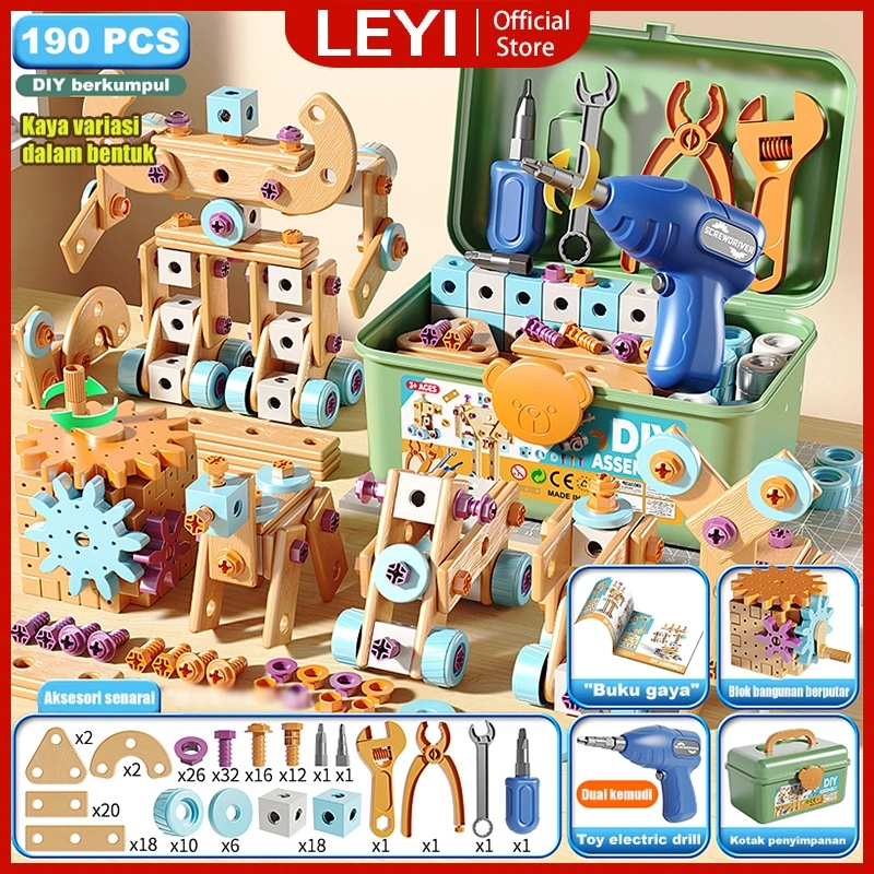 LEYI Mainan Edukasi Bor Listrik DIY Mainan Tool Alat Perbaikan Simulasi Pembongkaran Dan Perakitan