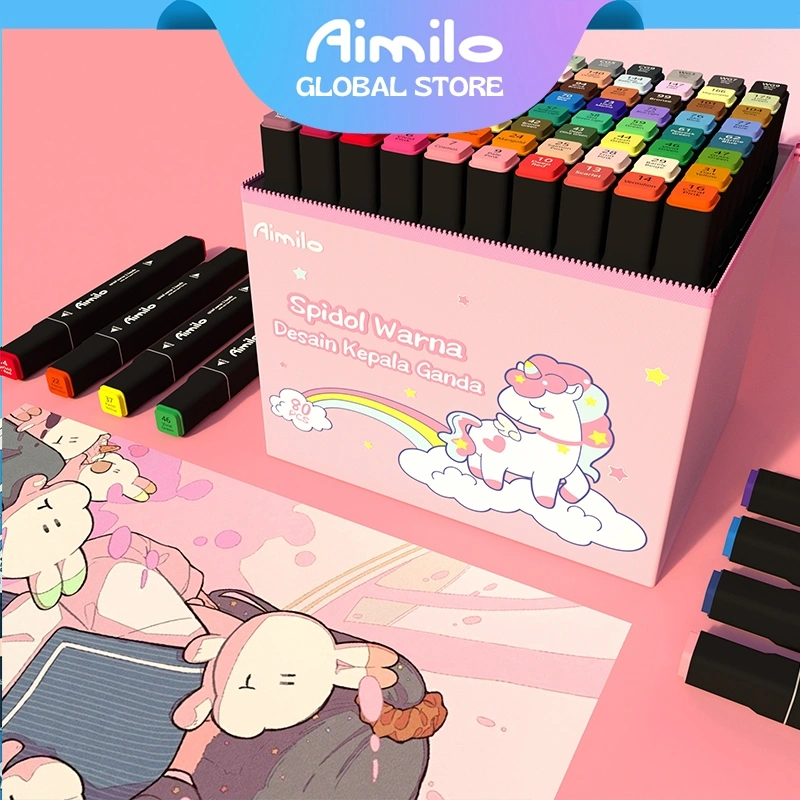 Aimilo Spidol Warna Warni 1 Set Sketch Marker 2 Tips Kartun Marker Set 24/36/48/60/80 Warna