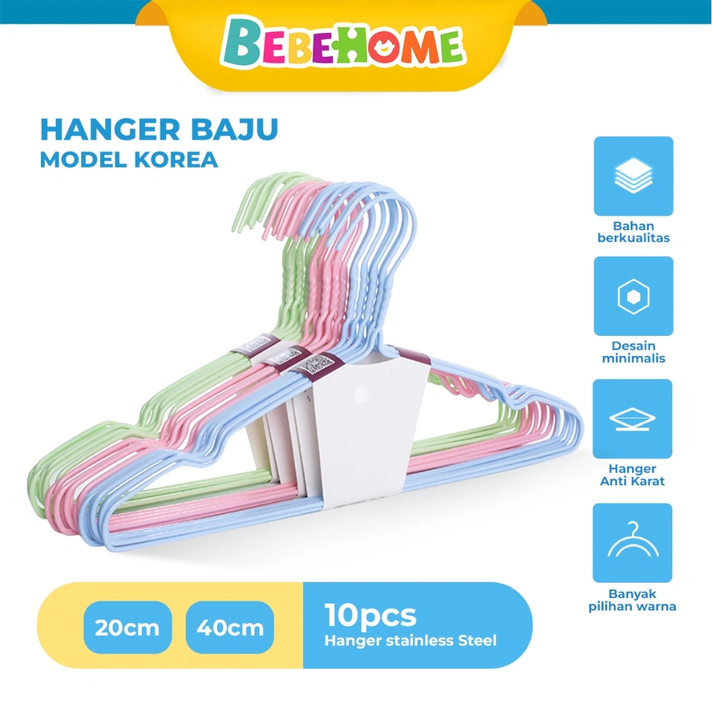 Bebehome Gantungan Baju Dewasa dan Anak Isi 10 Pcs Hanger Stainless Steel Tahan Lama dengan Variasi Warna dan Anti Karat