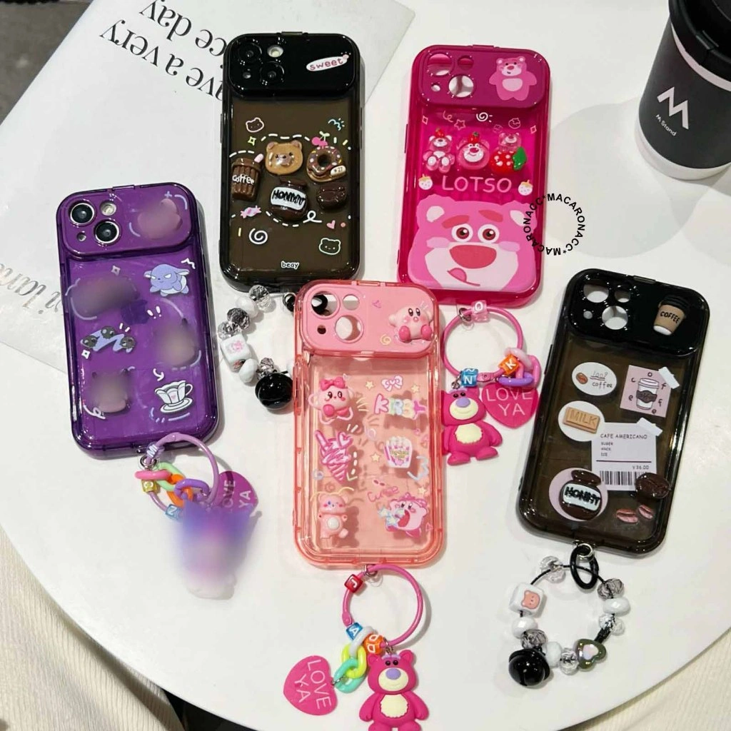 RCI192 Premium Case BEAR Strawberry - Coffee OVAL FLIP MIRROR SHOCKPROOF CASE WITH CUTIE CHARM CASING SOFTCASE COMPATIBLE FOR IPHONE 7 8 7+ 8+ X XS XR 11 12 PRO PROMAX CASING FULL COVER PELINDUNG HANDPHONE