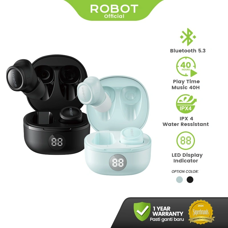 ROBOT TWS Airbuds T80 Bluetooth 5.3 Low Latency 60ms Playtime 40 Jam IPX4 Water Resistant Driver 6mm TPU+PEEK Type-C Mini Earphone dengan Casing Gantungan Kompatibel Android iOS Original – Garansi 1 Tahun
