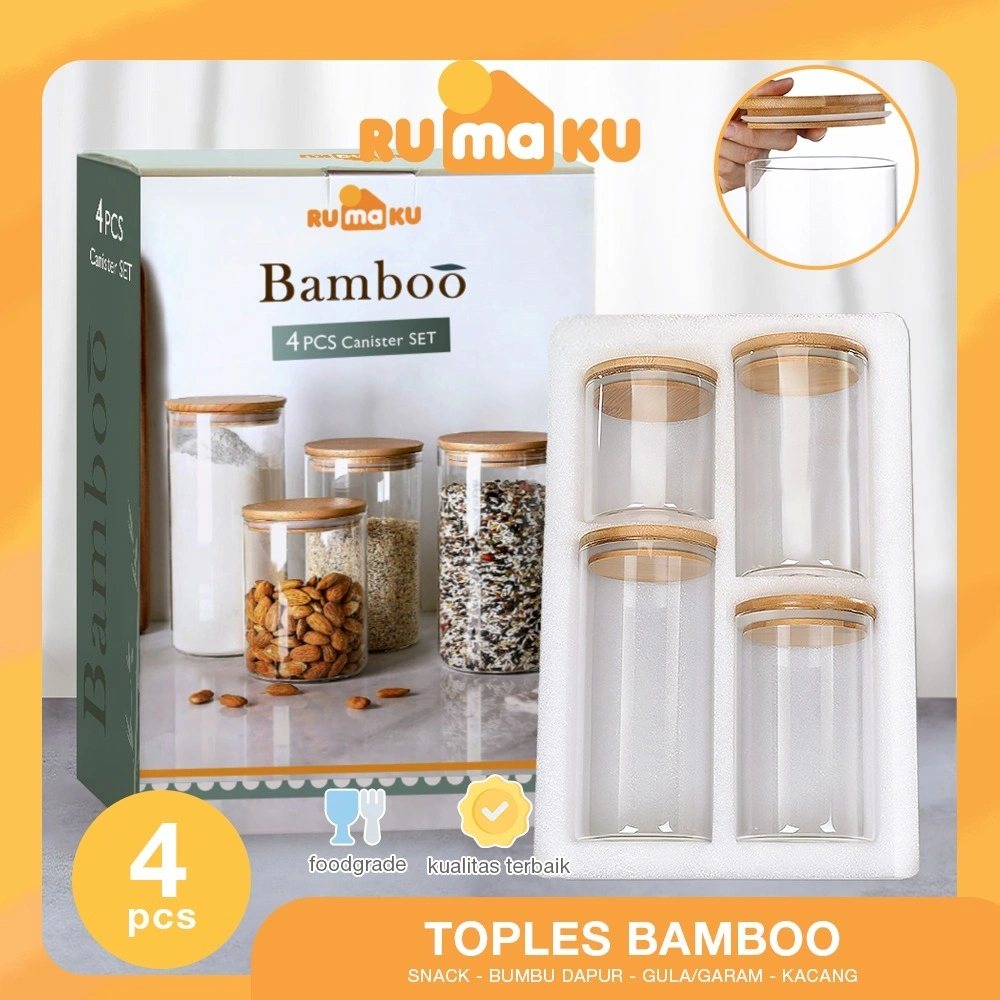 Rumaku Set Toples Kaca Bumbu Dapur Aesthetic Serbaguna Tempat Wadah Makanan Ringan Kedap Udara Tutup Bamboo Isi 4 Pcs