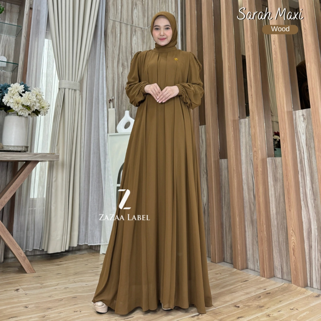 Zazaa Label - New Sarah Maxi Gamis Jumbo Hijab Motif Polos Bahan Ceruty Non Busui Lengan Balon Pesta Mewah