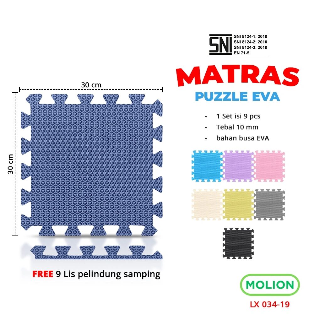 MOLION SNI Matras Puzzle Eva 9pcs 30x30cm 10mm Alas Evamat Eva Mat EVA Empuk Bermain Tidur Anak Karpet 034-19