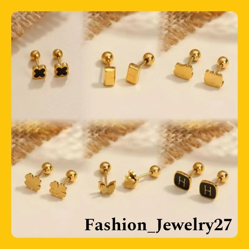 New Anting Stud Wanita Titanium Dewasa & Anak-Anak Hello Kitty, Love Anti Karat Dan Tahan Lama