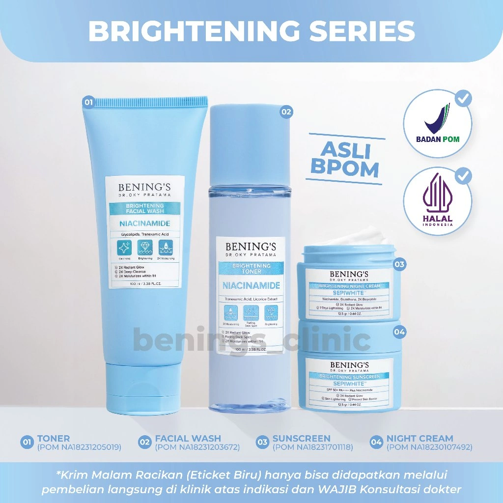 Bening's Brightening Skincare I Mencerahkan Wajah Kusam , Bekas Jerawat, Mengglowingkan Dan Menutrisi Kulit Wajah