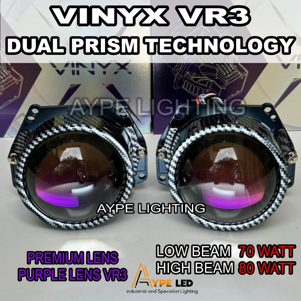 Biled Projector Vinyx VR3 Gen 2 Dual Prims Tech Purple Lens 80 Watt Carbon Vinyx Flat Cut off