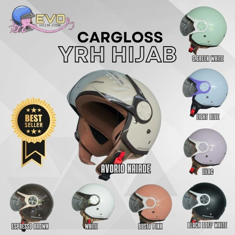 CARGLOSS YRH HIJAB RETRO HELM HALF FACE WANITA TERLARIS WARNA SOLID / MOTIF TERLENGKAP ORIGINAL SNI
