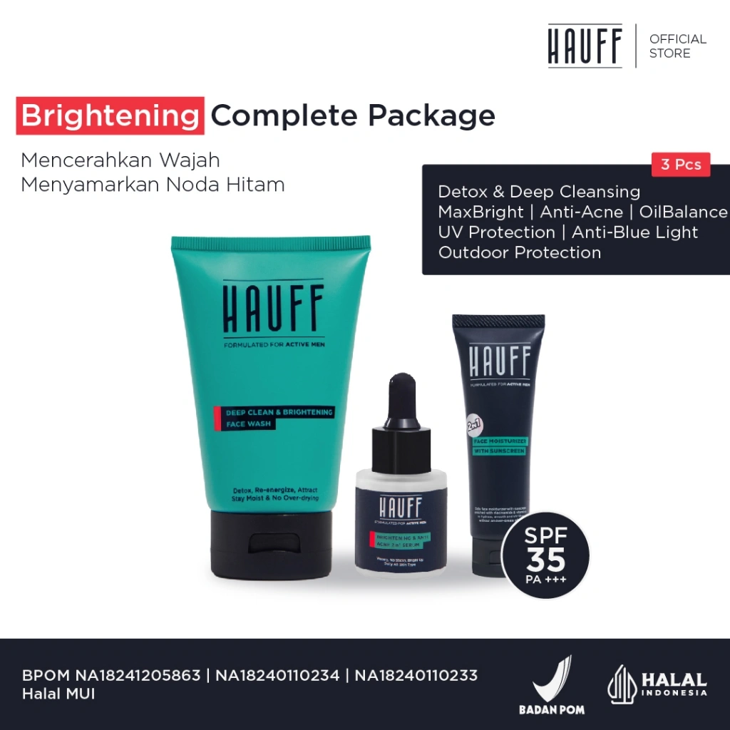 HAUFF Brightening Complete Package | Paket Lengkap Skincare Pria | Mencerahkan Wajah | Menyamarkan Noda Hitam | SPF 35 PA +++