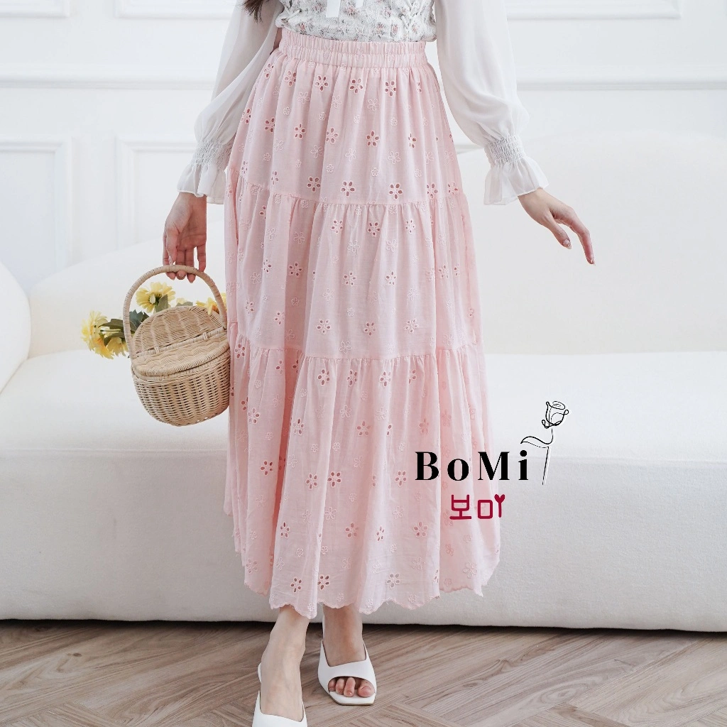 BOMI - SANG HEE Skirt Maxi Flower Korean Katun Bordir Rok Panjang Wanita Tingkat Susun Premium Rok Wanita Basic Daily dengan Furing Nyaman Full Karet
