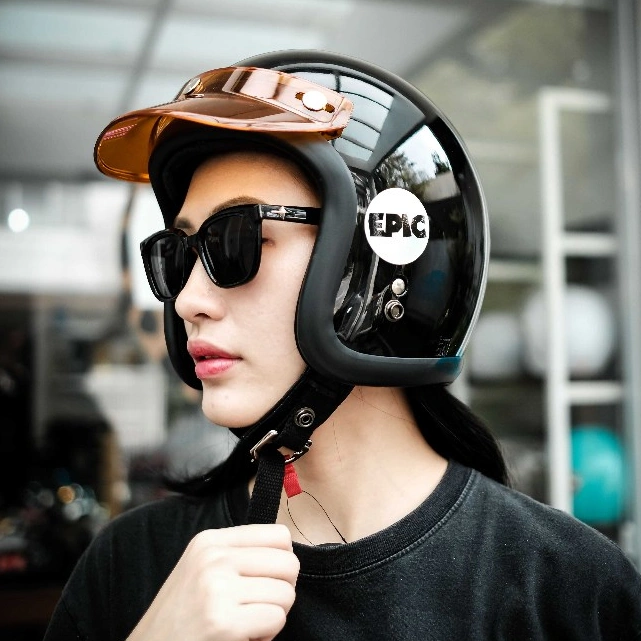 Epic Veil Slim Head EV-500 Open Face Basic Black Glossy List Black Helm Half Face SNI
