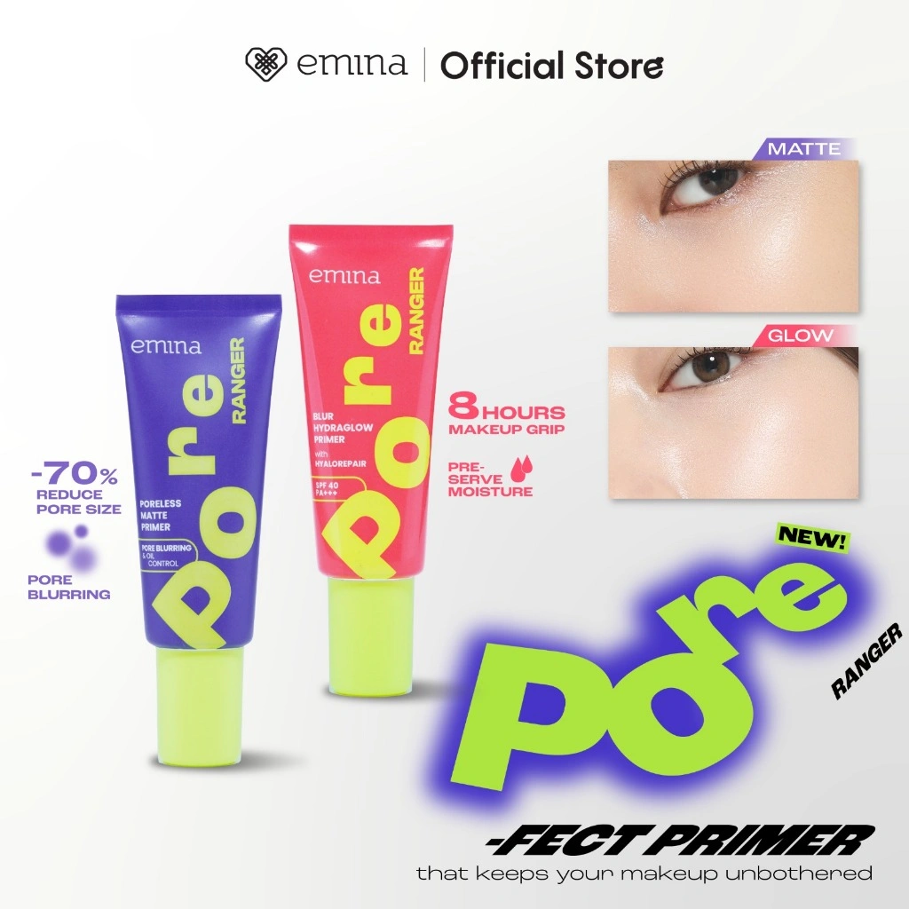 Emina Pore Ranger Total Poreless Primer & Blur Hydraglow Primer 20 ml - Makeup Longlasting 8-12 jam, Matte/Glow Finish, Smooth Complexion, Crack-Free, No-Patchy