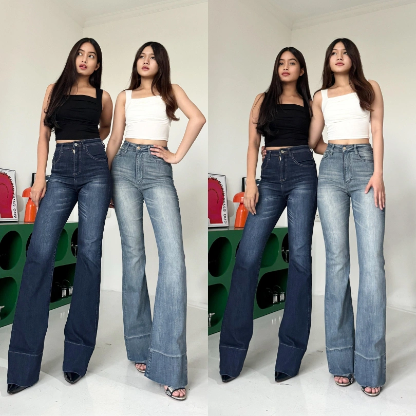 LADOUCE - Mckenzie High Waist Cutbray Jeans Celana Flare Panjang Stretch Wanita