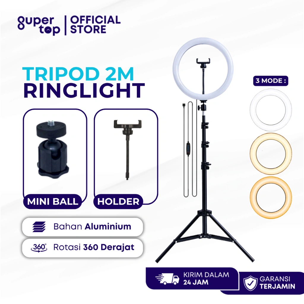 Tripod Ringlight Lampu Stand Tripot 2 Meter + Lampu 26cm Tripot Besi Set Live Vlog Makeup Lighting
