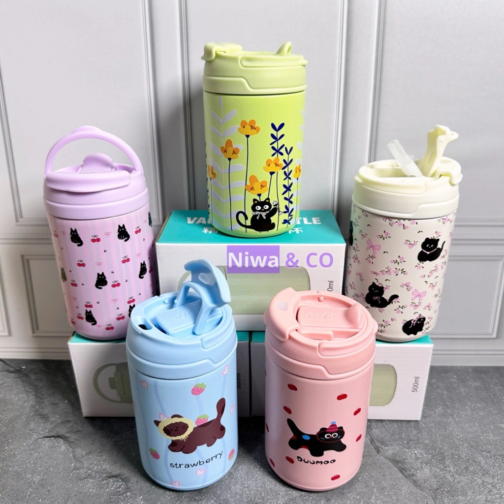 Botol Minum Termos 500 ml Stainless Panas Dingin Anti Tumpah Motif Lucu Tumbler Anak Warna Pastel (kitten) (sweet) (azura)