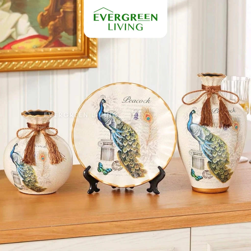 EVERGREEN Dekorasi Vas Bunga Blossom Putih Eropa Retro Set 3 PCS - Pajangan Hiasan 3IN1 Decor Klasik / Dekor Ruangan Rumah Keramik Aesthetic Besar Unik Modern