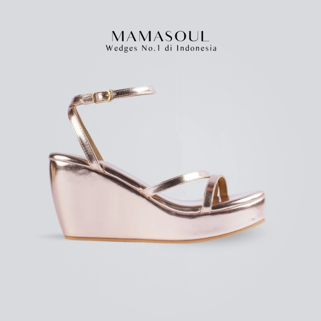 MAMASOUL - Kate Sandal Wedges Wanita Pesta Tali shiny gold Tinggi 9cm