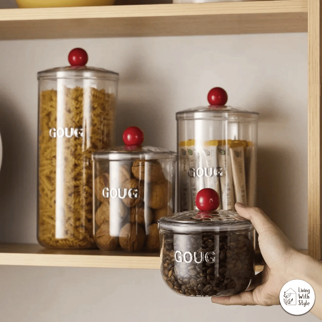 Living With Style - Goug Modern Sealed Food Storage Jar / Toples Bening Tempat Cemilan Bumbu Kedap Udara Aesthetic / Toples Plastic Air Tight Cantik Unik Lucu