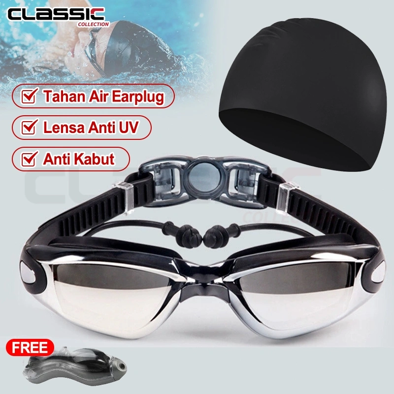 Kacamata Renang Anti Fog Dan Uv/Topi Renang + Kacamata Renang + Penyumbat Telinga/Lentur Swimming Glass Lensa Jernih
