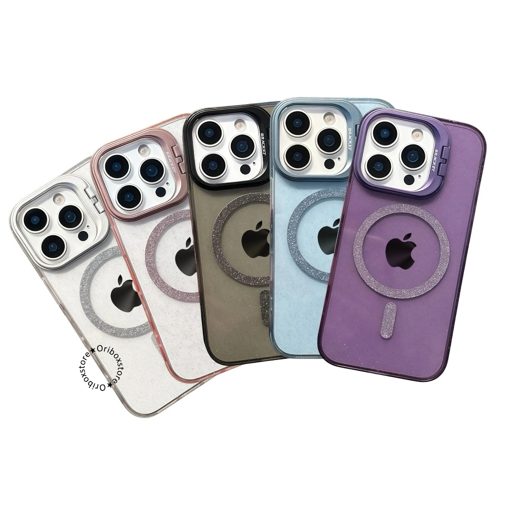 New! Glitter Magnetic Lens Stand Holder Case - Hardcase /Casing Hp Compatible For iPhone 11 12 13 14 15 16 16E 17 17AIR Plus Pro Max Casing Full Cover Pelindung Handphone RCI537