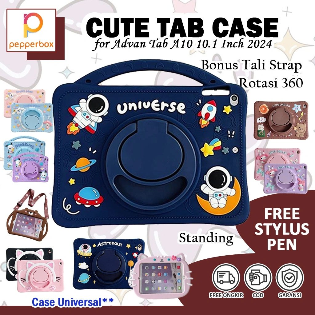 Softcase Advan Tab A10 10.1 Inch 2024 a523 Bonus Stylus Pen dan Tali Selempang Case Anak Standing Casing Cute Kids Cover Skin Pelidung Tablet Anti Air Handle Kesing Astronot Bear Rotate Putar Rotasi Ring Karakter Cowok Cewek Lucu Labubu Melody Pochacco