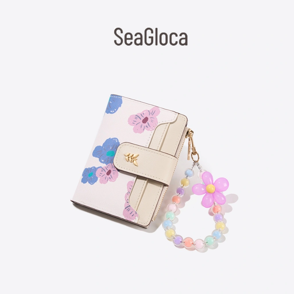 Seagloca Model Baru Dompet koin Lipat Pendek kartu Wanita murah Motif Bunga dengan Resleting No.1845