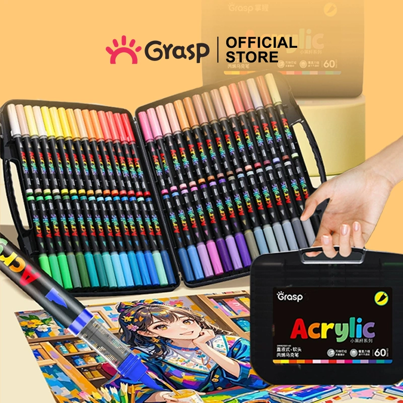 Grasp Acrylic Marker Brush Pen Set 12/24/36/48/60 Spidol Akrilik Waterproof Tinta Direct Liquid MW009