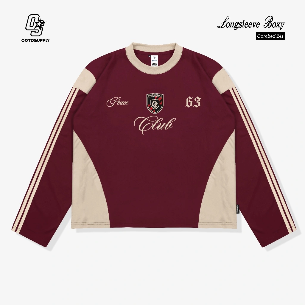 OOTDSUPPLY Longsleeve Boxy Slava Peace Club Maroon l Atasan Boxy Panjang Unisex | Kaos Lengan Panjang Pria dan Wanita | LS-BX-SLA001