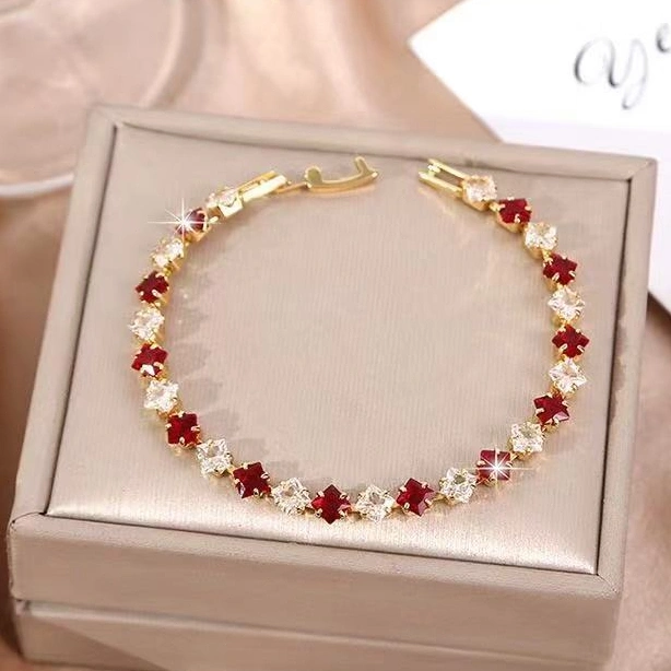 Gelang zirkon merah baja tahan karat 316L anti karat dan anti pudar mewah cantik mode elegan desain unik - NC