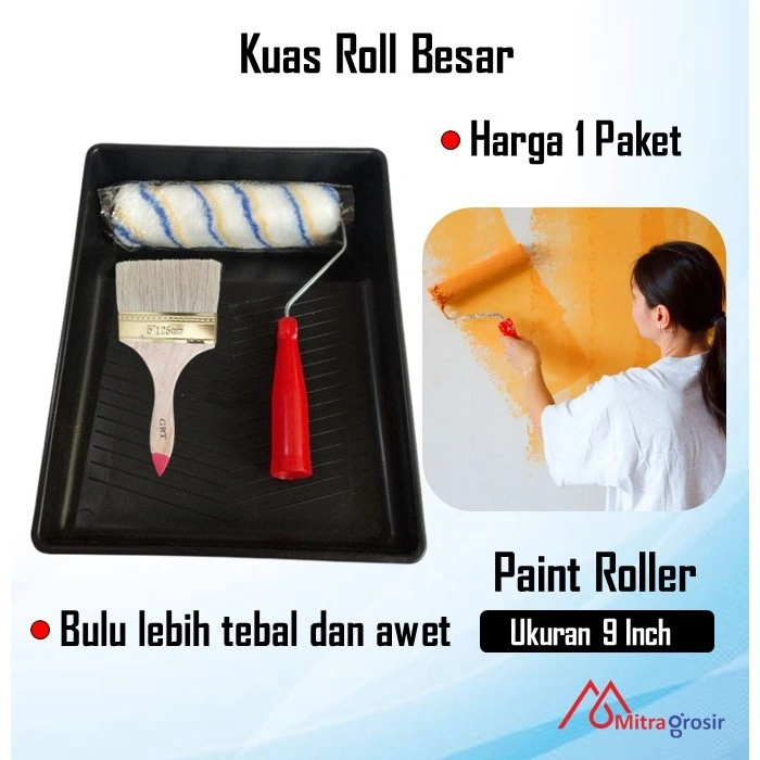 Paket Alat Cat Kuas Roll 9 Inch + Bak Cat + Kuas 4" Promo MURAH /  Paket Alat Cat Tembok Bak Cat Paket Ekonomis 3 in 1 Murah