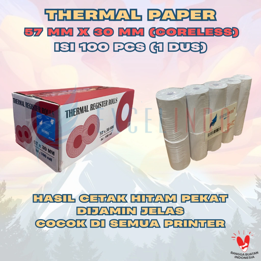 (1 Dus/ 100 pcs) GROSIR EXCELINDO Kertas Kasir Thermal Paper 57x30 EDC (Hasil Print Dijamin Jelas)