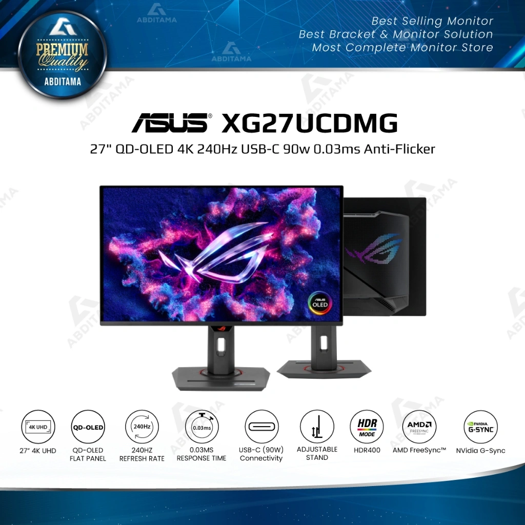 Monitor OLED ASUS ROG Strix OLED XG27UCDMG 27" QD-OLED 4K 240Hz HDMI v2.1x2 DP 1.4x1 USB-C 90w 0.03ms OLED Anti-Flicker 2.0 OLED Care Pro Neo Proximity Sensor G-SYNC Compatible VESA DisplayHDR400 True Black 99% DCI-P3 True 10-bit Color