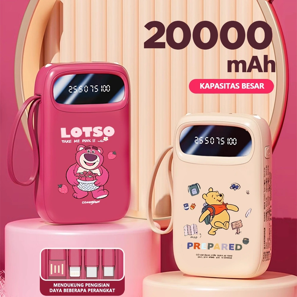 Mini size lotso Powerbank Portable 20000 mAh with 4 usb fast charging Dual Input Port Type C Micro USB Lightweight LED Senter Display Mobile Phone Charger for IOS/Android, bluetooth speaker, dan bluetooth earphone