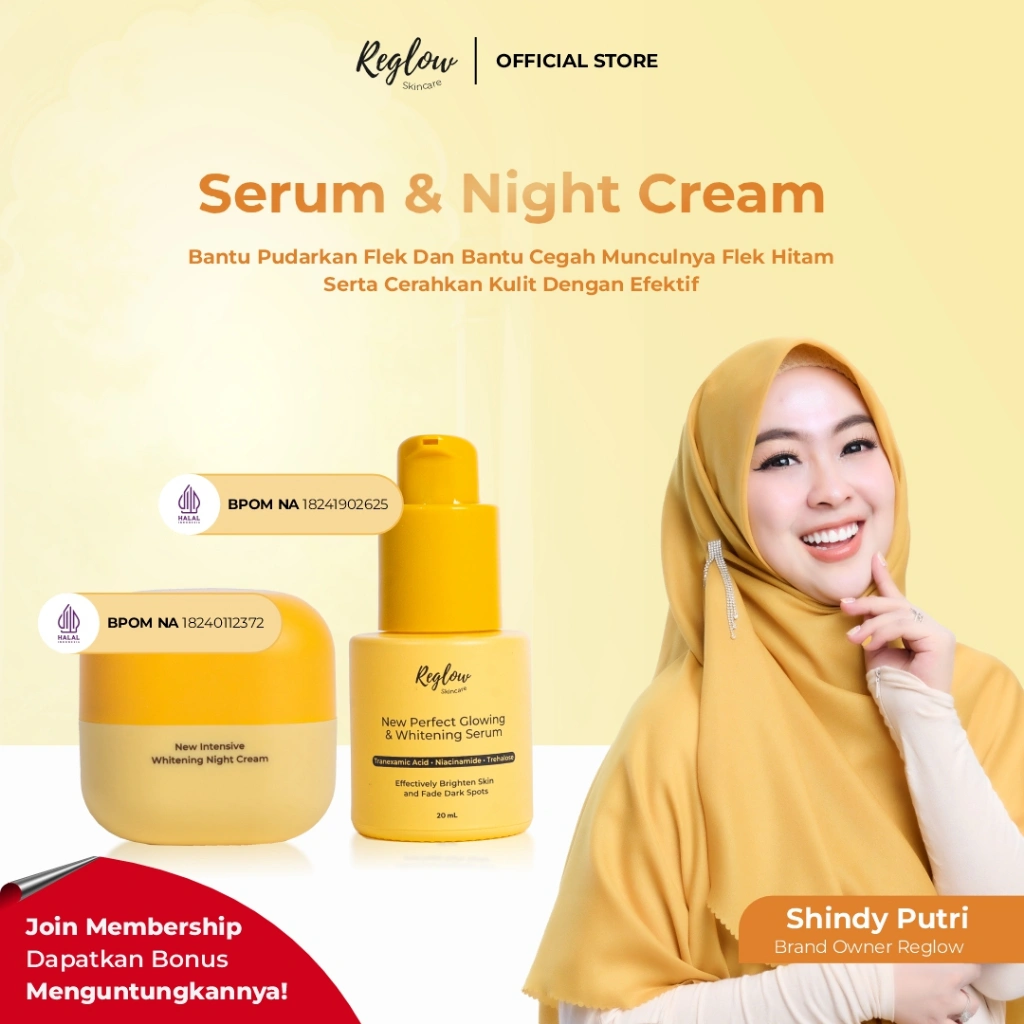 Reglow Perfect Glowing and Whitening Serum & Reglow Intensive Whitening Night Cream - Membantu Merawat Kulit Lebih Cerah Merata, Pudarkan Flek dan Kusam, Kelembapan Sepanjang Hari
