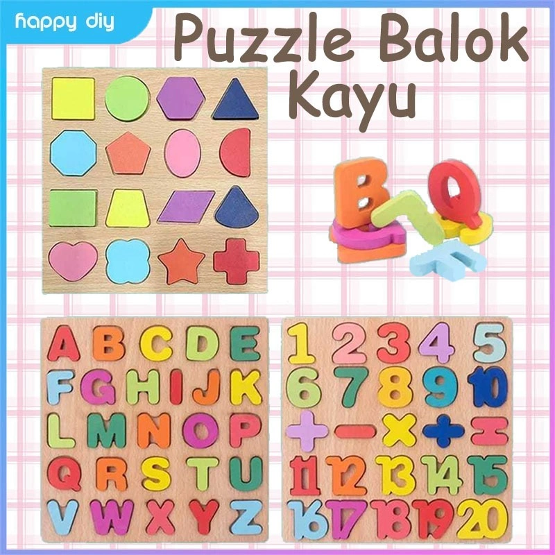 HAPPY DIY  20CM Mainan Anak Geometry Huruf Angka Bentuk Puzzle Kayu Mainan Kayu Edukasi