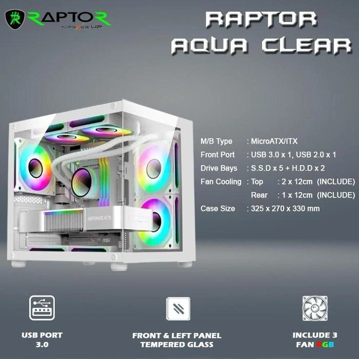 Raptor Aqua Clear Casing Komputer Gaming M-ATX Include 3 Fan RGB