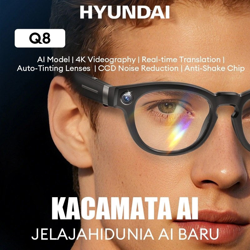 Hyundai Q8 Super AI Kacamata Bluetooth Smart Glasses CCD Noise Reduction Headset V5.3 Automatic Photochromic Sunglasses 4K Camera IP67 Waterproof