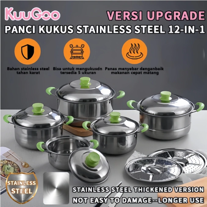 KUUGOO 12in1 upgraded Panci Steamer Set Stainless isi 5 pcs + 2pcs Kukusan Panci Bahan Tebal PREMIUM/Panci Stainless set Thickened stainless steel steamer