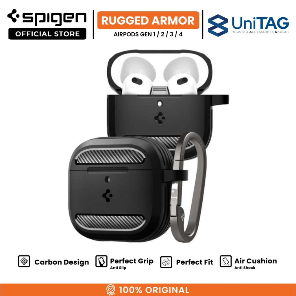 Case AirPods Gen 4 3 2 1 Spigen Rugged Armor Carbon Anti Crack Shock Cover Slim Softcase Casing