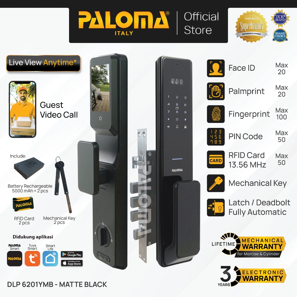 PALOMA DLP 6201YMB Smart Lock Kunci Pintu Digital Lock Smart Door Lock Smart Home Kunci Pintar 3D Face ID FaceID Palmprint Recognition Door Live Viewer Camera Tuya WiFi Black Hitam