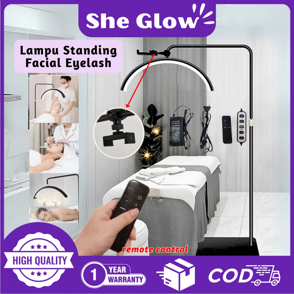 She Glow (GARANSI 1 TAHUN) Professional Lampu Eyelash Extension Berdiri Lampu Standing Lampu Facial 125-180cm 360° Remote 3 Warna LED Lampu Standing Salon Make Up Eyelash Beauty EyebrowTatoo